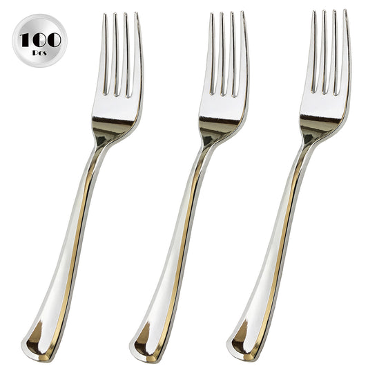 JL Prime 100 Piece Silver Plastic Forks Bulk Set, Silver Plastic Cutlery Set, Heavy Duty Utensils for Party & Wedding, Disposable Silver Flatware, Silver Plastic Forks 100 Pack