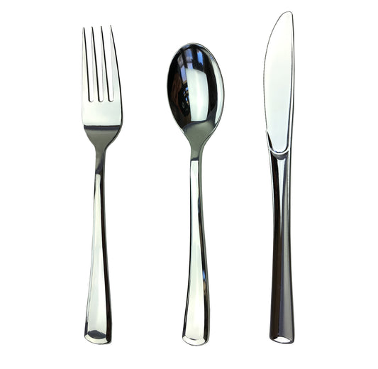 JL Prime 75 Silver Plastic Silverware Set, Silver Plastic Cutlery Set, Heavy Duty Utensils for Party & Wedding, Disposable Silver Flatware, 25 Plastic Forks, 25 Plastic Spoons, 25 Plastic Knives