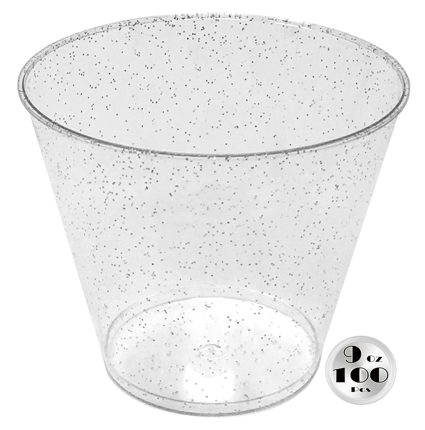 JL Prime 100 Silver Glitter Plastic Cups, 9 Oz Heavy Duty Reusable Disposable Silver Glitter Clear Plastic Cups, Old Fashioned Tumblers, Hard Plastic Drinking Cups for Party and Wedding