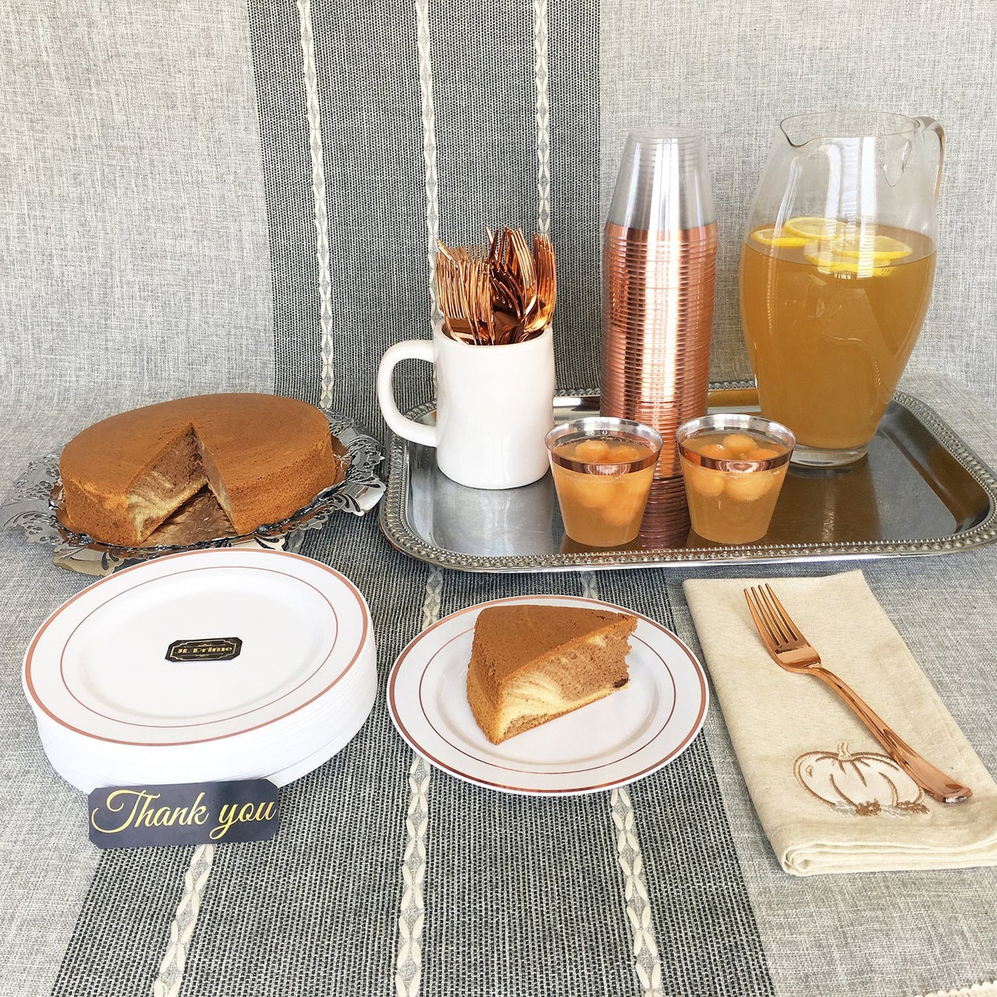 JL Prime 125 Piece Rose Gold Plastic Plates & Cutlery Set, Heavy Duty Disposable Plastic Plates with Rose Gold Rim & Silverware, 25 Dinner Plates, 25 Salad Plates, 25 Forks, 25 Knives, 25 Spoons