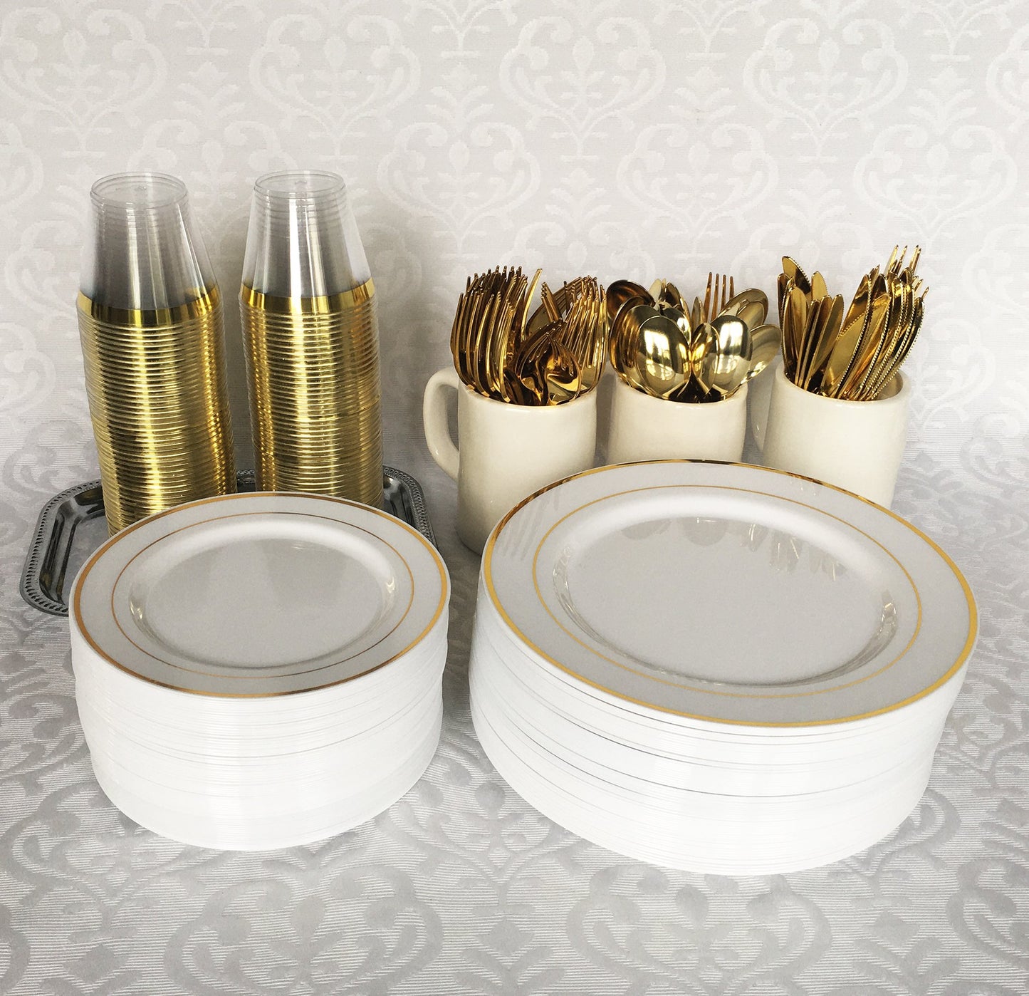 JL Prime 125 Piece Gold Plastic Plates & Cutlery Set, Heavy Duty Disposable Plastic Plates with Gold Rim & Silverware, 25 Dinner Plates, 25 Salad Plates, 25 Forks, 25 Knives, 25 Spoons