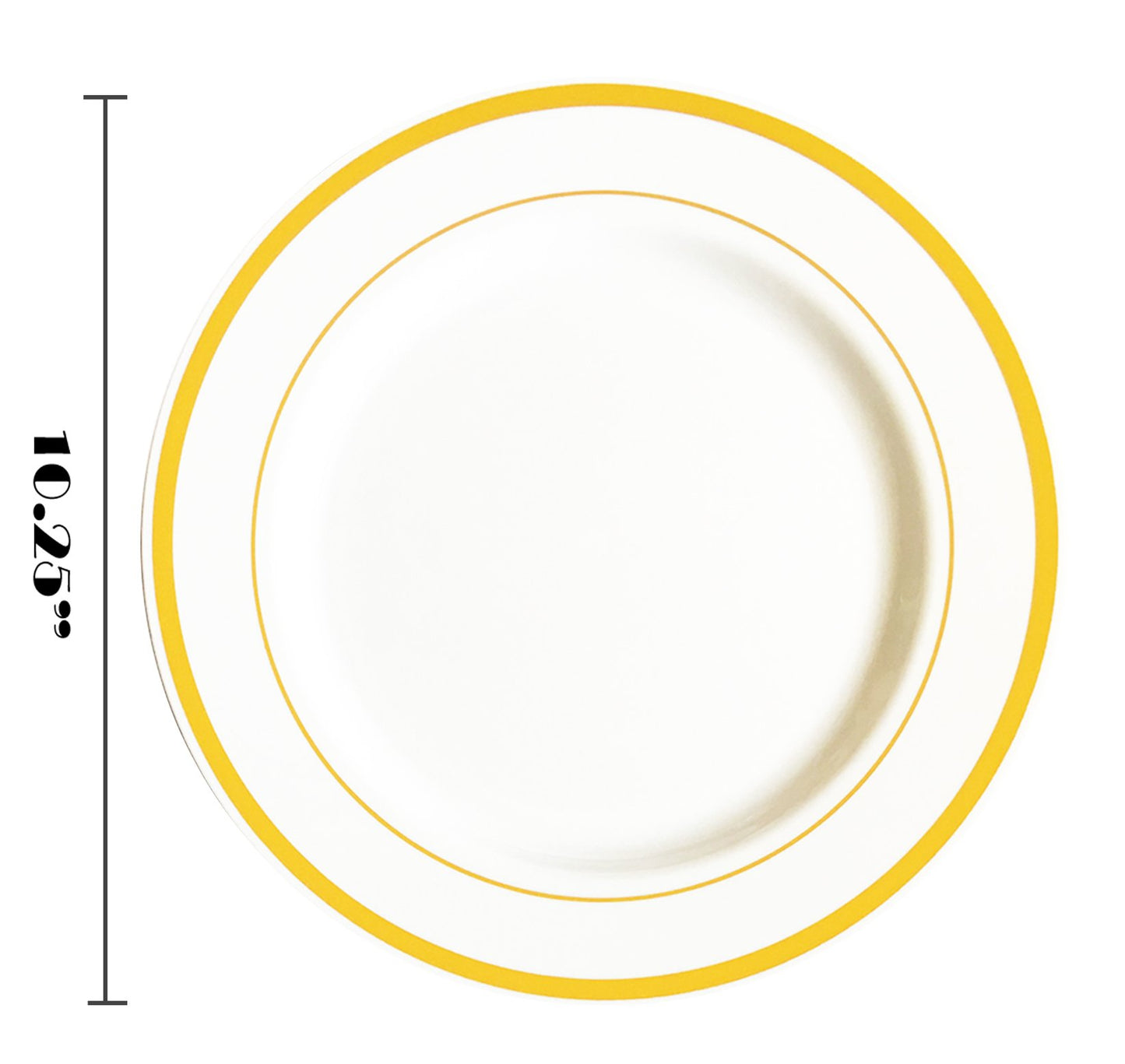 JL Prime 25 Piece 10 Inch Gold Plastic Dinner Plates Bulk Set, Heavy Duty Reusable Disposable Plastic Plates with Gold Rim for Party and Wedding