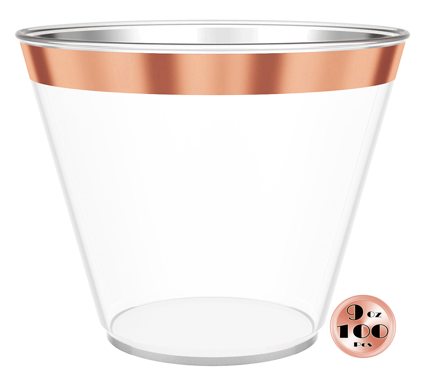 JL Prime 100 Rose Gold Plastic Cups, 9 Oz Heavy Duty Reusable Disposable Rose Gold Rim Clear Plastic Cups, Old Fashioned Tumblers, Hard Plastic Drinking Cups for Party and Wedding