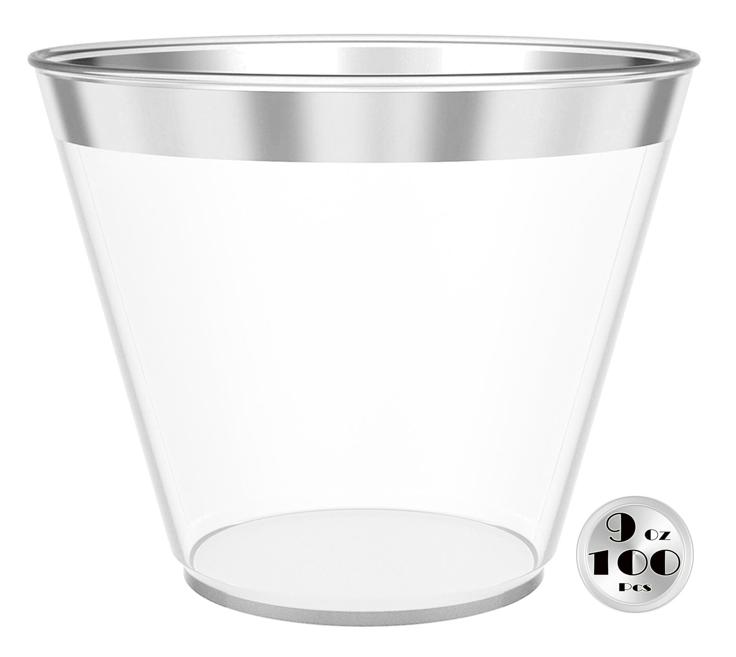 JL Prime 100 Silver Plastic Cups, 9 Oz Heavy Duty Reusable Disposable Silver Rim Clear Plastic Cups, Old Fashioned Tumblers, Hard Plastic Drinking Cups for Party and Wedding