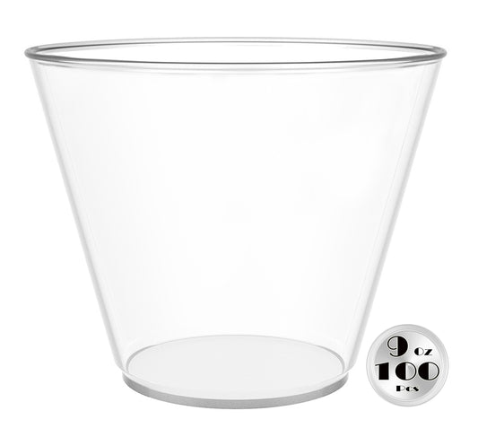 JL Prime 100 Clear Plastic Cups, 9 Oz Heavy Duty Reusable Disposable Clear Plastic Cups, Old Fashioned Tumblers, Hard Plastic Drinking Cups for Party and Wedding